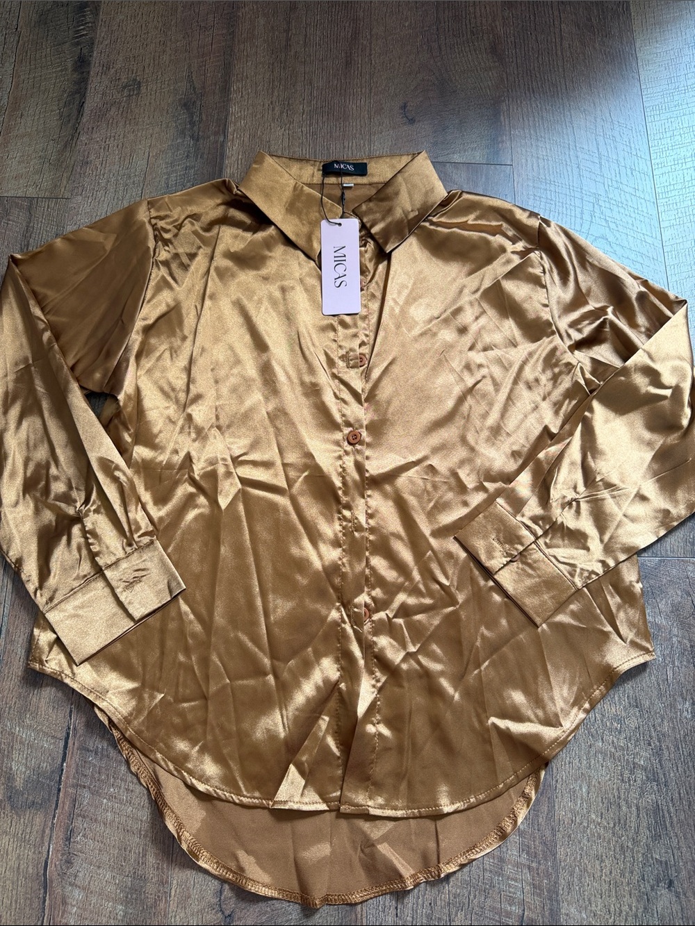 Mica's Women's Satin Button-Front Blouse in Metallic Gold
